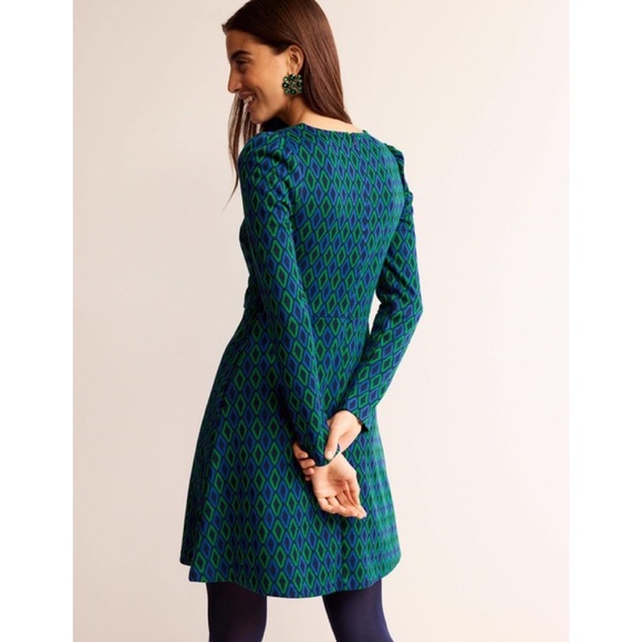 BODEN Jacquard Knit Atlantic Azure Diamond Print Dress Puff Sleeves Size 16 18 - Picture 10 of 16